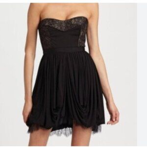 BCBGMAXAZRIA KORE BLACK METALLIC LACE STRAPLESS SWEETHEART DRAPED MINI DRESS